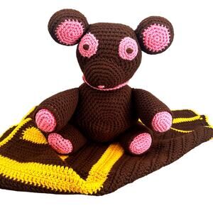 Handmade Crochet Teddy Bear Blanket Set Stuffed Animal Plush Pink Brown Cottage